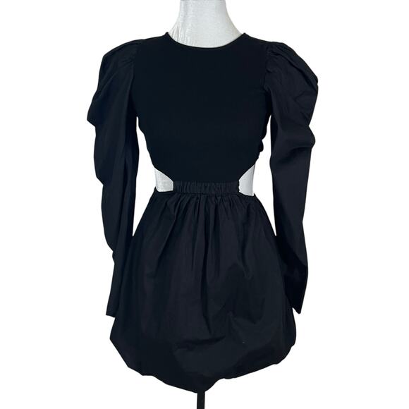 Zara Black Puff Sleeve Side Cut Out Bubble Skirt Mini Dress Size Medium - Picture 3 of 11